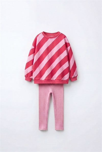 Kız Çocuk Pamuklu Çilek Nakışlı Pembe Çizgili Sweatshirt ve Tayt Takımı