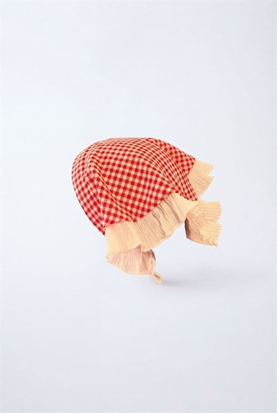 Kız Çocuk Pamuklu Kırmızı Pötikare Saç Tacı - Volan Detaylı