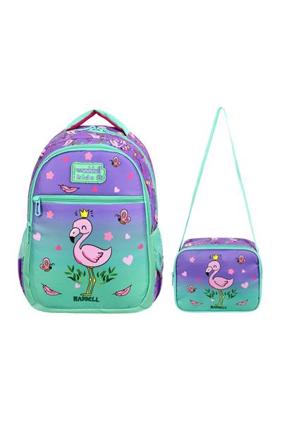 Kız Çocuk Mor Yeşil Flamingo Desenli Okul Çantası ve Beslenme Çantası Seti - Waddell Kids