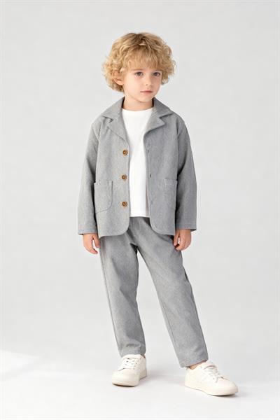 Erkek Çocuk Pamuklu Gri Klasik Ceket Takım - Blazer Ceket & Pantolon + 3lü T-Shirt Set