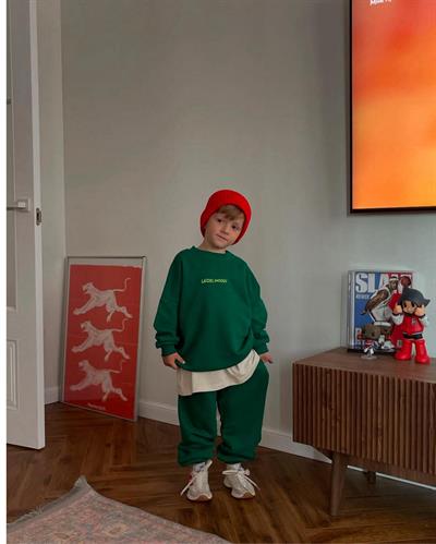 Unisex Çocuk Pamuklu Yeşil Mood Eşofman Takımı - Oversize Rahat Kalıp