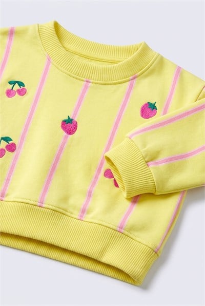 Kız Çocuk Çilek Kiraz Desenli Sarı Sweatshirt ve Eşofman Takımı