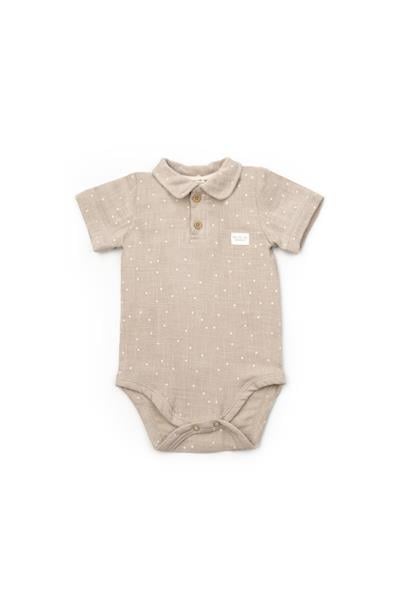  Erkek Bebek Pamuklu Bej Noktalı Gömlek Yaka Müslin Body Seti