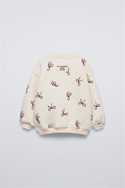 Kız Çocuk  Fiyonk Desenli Ekru Sweatshirt ve Bol Paça Eşofman Takımı