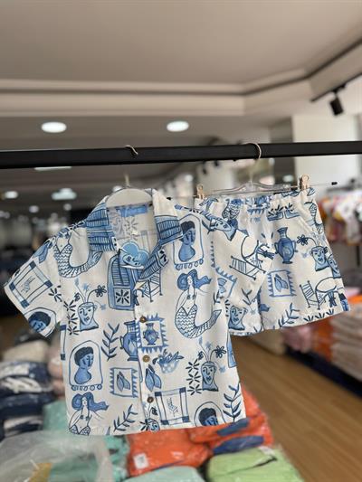 Erkek Çocuk Pamuklu Beyaz Mavi Desenli Gömlek Şort Takım - Kısa Kollu