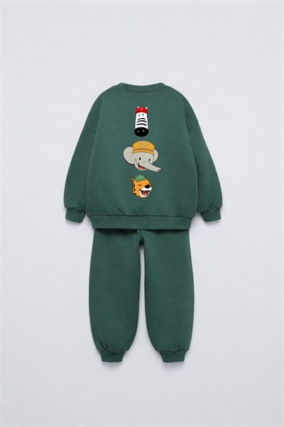 Çocuk Pamuklu Magu Friends Baskılı Yeşil Sweatshirt ve Eşofman Altı Takımı