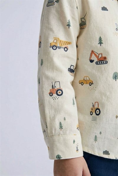 Erkek Çocuk Pamuklu İş Makinesi Desenli Gömlek Pantolon Takım - Düğmeli