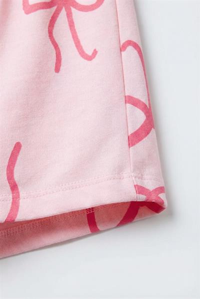 Kız Çocuk Pamuklu Pembe Fiyonk Desenli T-Shirt Şort Takım