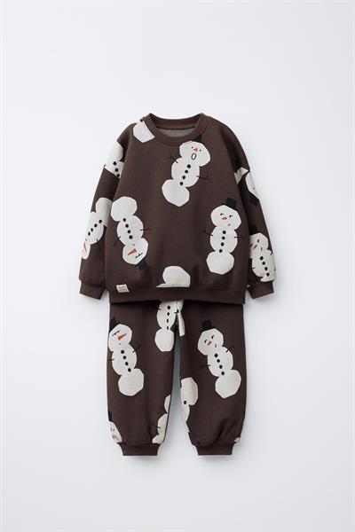 Erkek Çocuk Pamuklu Kahverengi Kardan Adam Desenli Sweatshirt & Eşofman Altı Takım
