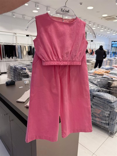 Kız Çocuk Pamuklu Pembe Kolsuz Bluz Pantolon Takım - Bol Paça