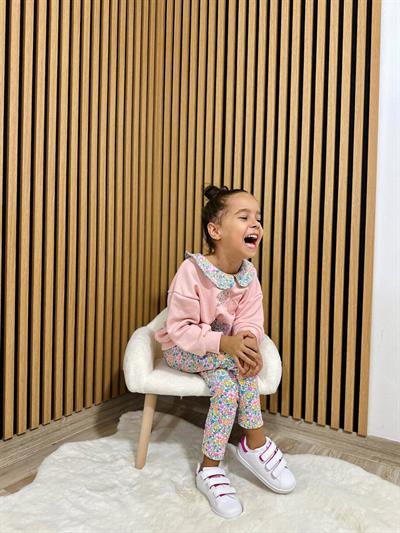 Kız Çocuk Pamuklu Pembe Kiraz Nakışlı Sweatshirt Çiçek Desenli Pantolon Takım