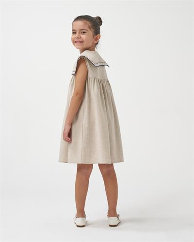 Kız Çocuk Keten Bej Nakışlı Geniş Yaka Elbise 