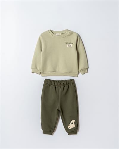 Erkek Çocuk Pamuklu Yeşil Sweatshirt ve Köpek Nakışlı Eşofman Altı İkili Takım