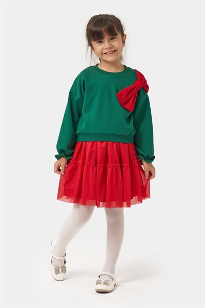 Kız Çocuk Pamuklu Yeşil Üst Kırmızı Tüllü Kurdele Detaylı Yeni Yıl Takımı