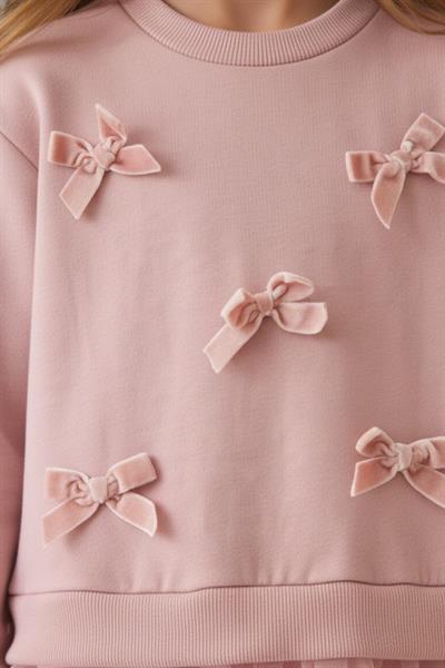 Kız Çocuk Pamuklu Pembe Fiyonklu Sweatshirt Tül Etek Takım – Zarif Günlük Kombin
