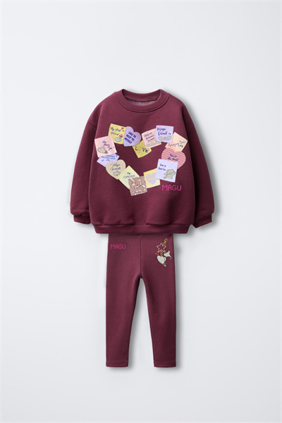 Kız Çocuk Pamuklu Bordo Kalpli Magu Baskılı Sweatshirt Eşofman Takım