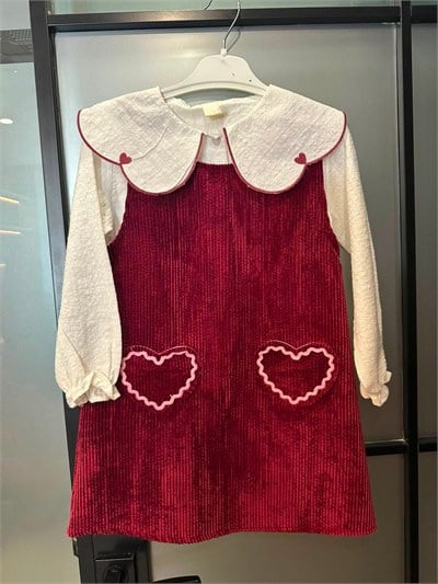 Kız Çocuk Bordo Kadife Kalp Cepli Elbise ve Bluz Takımı