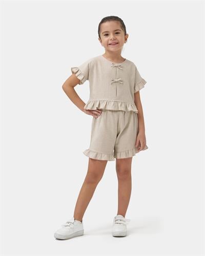 Kız Çocuk Keten Bej Fırfır Detaylı Kısa Kollu Şortlu Takım 