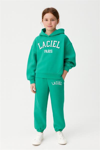 Unisex Çocuk Pamuklu Yeşil Baskılı Kapüşonlu Sweatshirt ve Paça Lastikli Eşofman Alt-Üst Takım
