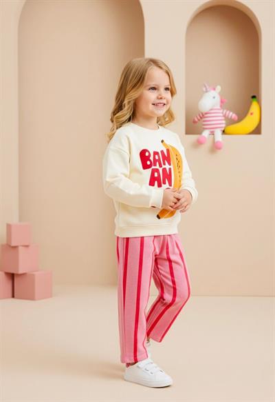 Kız Çocuk Pamuklu Ekru Muz Baskılı Sweatshirt ve Pembe Çizgili Pantolon Takım