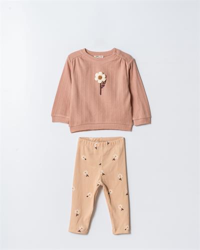 Kız Çocuk Pamuklu Pembe Çiçek Desenli İkili Takım - Sweatshirt ve Tayt