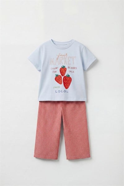 Kız Çocuk Pamuklu Açık Mavi Çilek Baskılı T-Shirt ve Kırmızı Pötikare Pantolon Takım - Yazlık İkili Set
