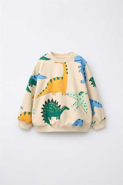 Çocuk Dinozor Desenli Bej Sweatshirt ve Eşofman Altı Takımı