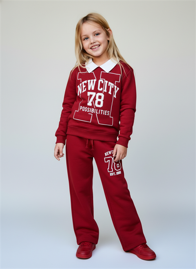 Kız Çocuk Pamuklu Bordo New City 78 Baskılı Eşofman Takımı - Rahat Kalıp
