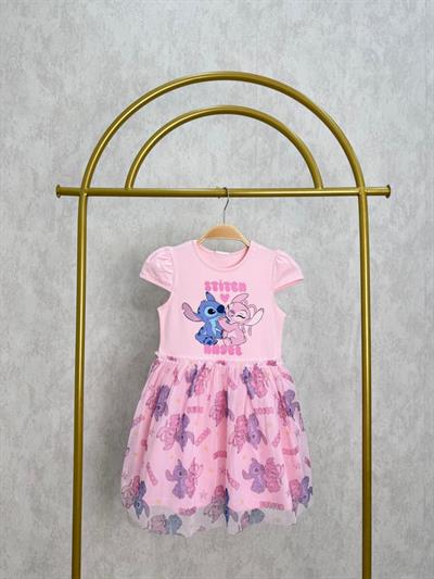 Kız Çocuk Pamuklu Pembe Stitch ve Angel Baskılı Tül Etekli Elbise