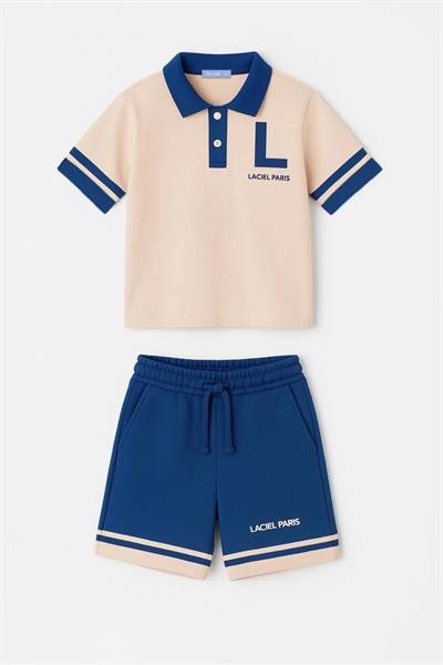 Erkek Çocuk Pamuklu Bej Lacivert Polo Yaka T-Shirt Şort Takım