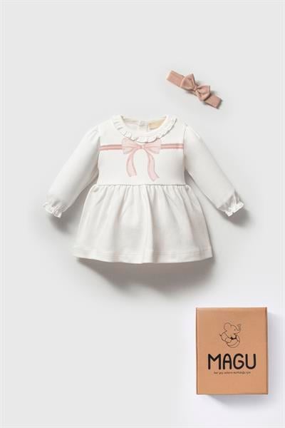 Kız Çocuk Pamuklu Ekru Fiyonklu Uzun Kollu Elbise ve Saç Bandı Takımı - Rahat ve Şık
