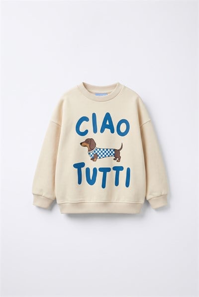 Çocuk Pamuklu Köpek Baskılı Ekru Sweatshirt