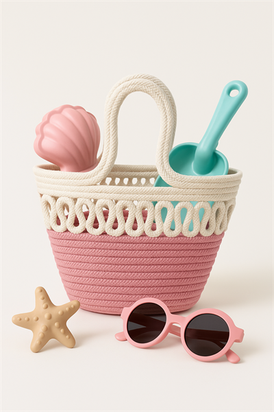 Çocuk Hasır Plaj Çantası Örgü Detaylı