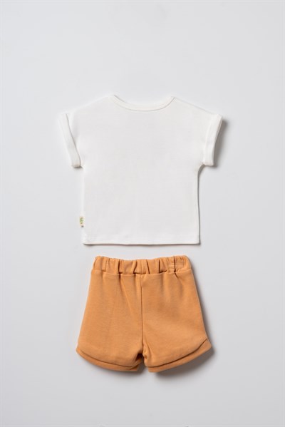 Unisex Bebek Pamuklu Ekru Hardal Tişört Şort Takım - Çiçek Baskılı