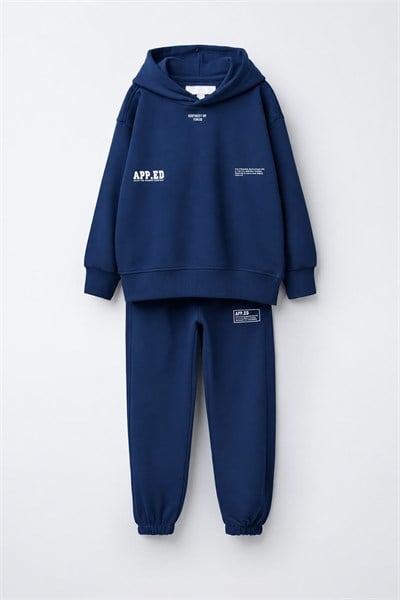 Çocuk Pamuklu Yazı Baskılı Lacivert Kapüşonlu Sweatshirt ve Eşofman Altı Takımı