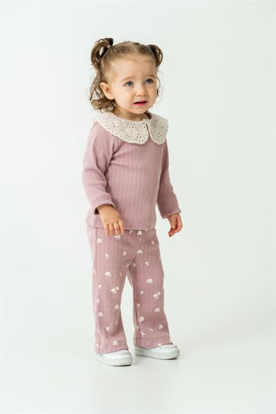 Kız Çocuk Pamuklu Lila Dantel Yaka Sweatshirt ve Çiçek Desenli Tayt İkili Takım