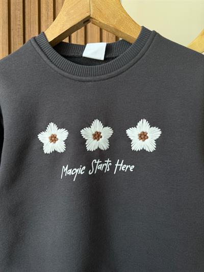 Kız Çocuk Pamuklu Antrasit Çiçek Nakışlı Sweatshirt ve Flare Tayt Takım - Katmanlı Fırfır Detaylı