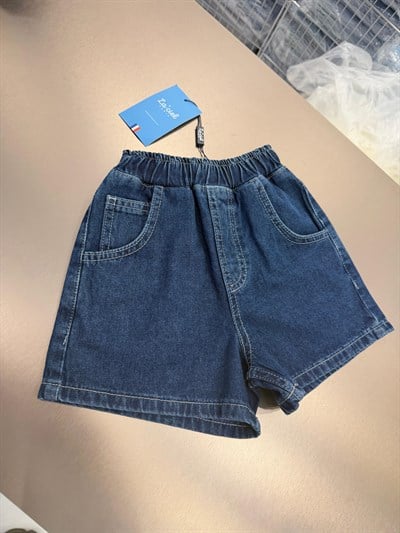 Unisex Çocuk Pamuklu Lacivert Jean Şort - Elastik Belli Cepli