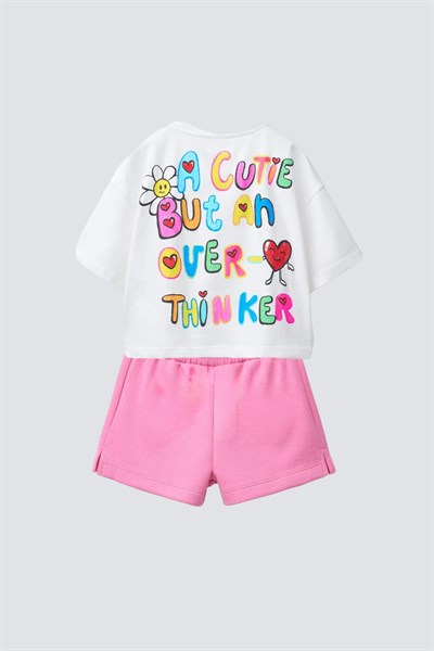 Kız Çocuk Pamuklu Ekru Pembe Kalp Detaylı Baskılı Tişört Şort Takım