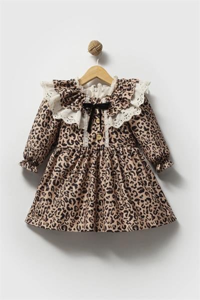 Kız Çocuk Pamuklu Leopar Desenli Dantelli Elbise - Fırfır Yaka ve Kurdele Detaylı