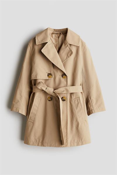 Kız Çocuk Pamuklu Bej Trençkot Mont - Kuşaklı Cepli Dış Giyim