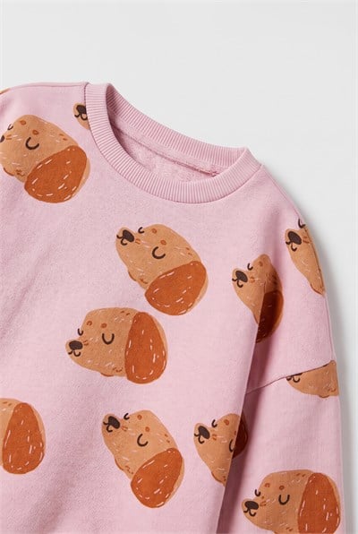 Kız Çocuk Pamuklu Köpek Desenli Pembe Sweatshirt ve Tayt Takımı