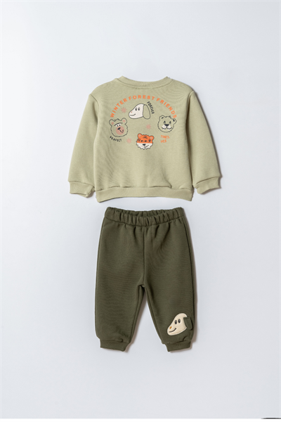 Erkek Çocuk Pamuklu Yeşil Sweatshirt ve Köpek Nakışlı Eşofman Altı İkili Takım