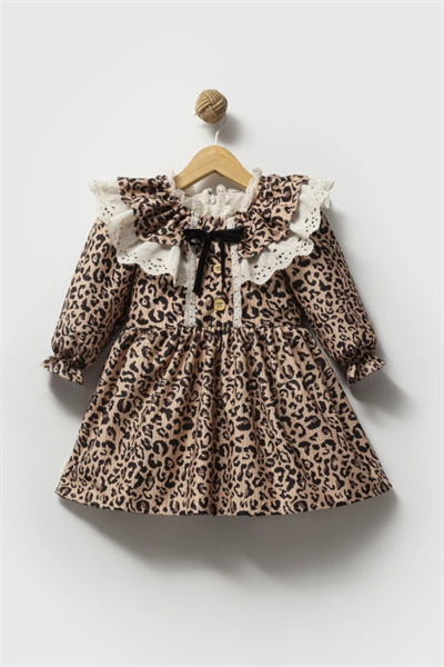 Kız Çocuk Pamuklu Leopar Desenli Dantelli Elbise - Fırfır Yaka ve Kurdele Detaylı
