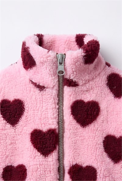 Kız Çocuk Kalp Desenli Pembe Peluş Ceket