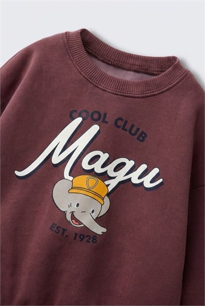 Çocuk Pamuklu Magu Baskılı Kahverengi Sweatshirt ve Eşofman Altı Takımı