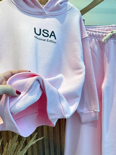 Kız Çocuk Pamuklu Pudra Kapüşonlu Sweatshirt ve Geniş Paça Eşofman Takım – Minimal Rahat Tarz