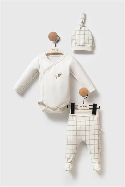 Unisex Bebek Pamuklu Ekru Yeşil Ekose Desenli 3lü Set - Kruvaze Body, Patikli Pantolon ve Şapka