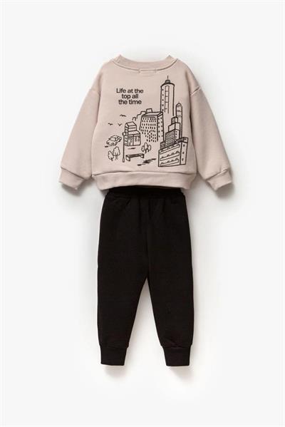 Erkek Çocuk Pamuklul Araba Desenli 3 İplik Şardonlu Sweatshirt ve Siyah Kargo Eşofman Takım