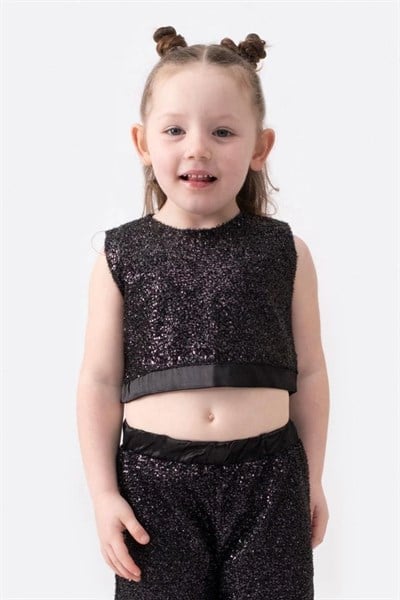Kız Çocuk Siyah Payetli Crop Pantolon Takım